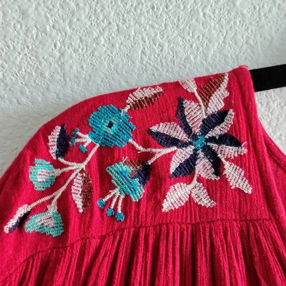 Free People Large? Red Embroider TeAmo Bell Sleeve Babydoll Mini Dress Boho READ - Picture 5 of 12